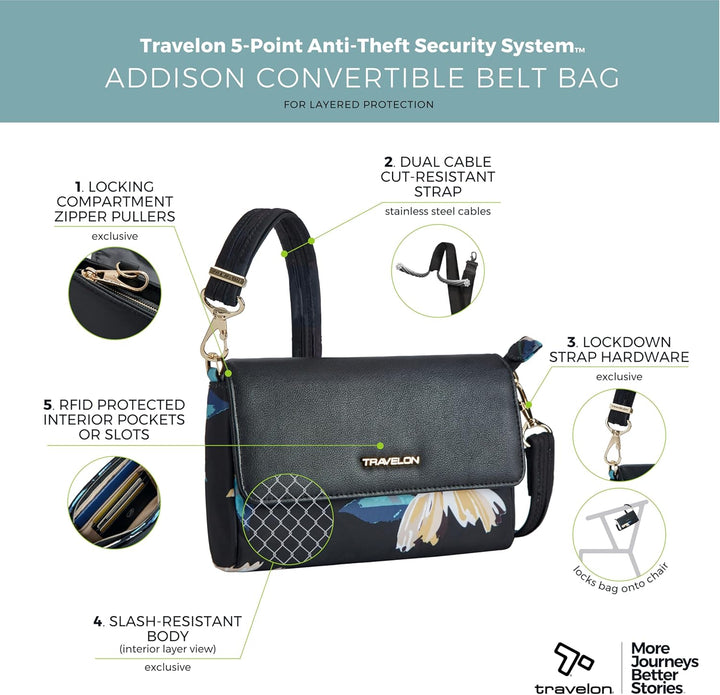 Travelon Addison Gürteltasche, Diebstahlschutz, umwandelbar, mit Blumenmuster, Einheitsgrösse Multic