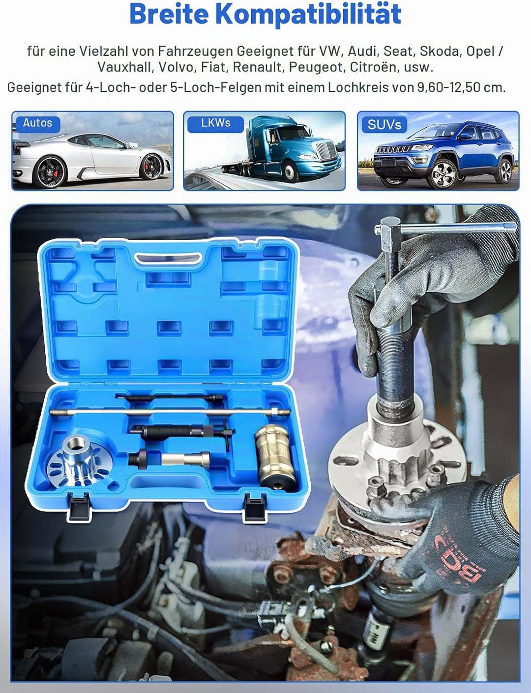 10T 8Tlg Hydraulischer Radnaben Abzieher Profi-Set, Universell für 4/5-Loch Felgen (96-125mm), Antri