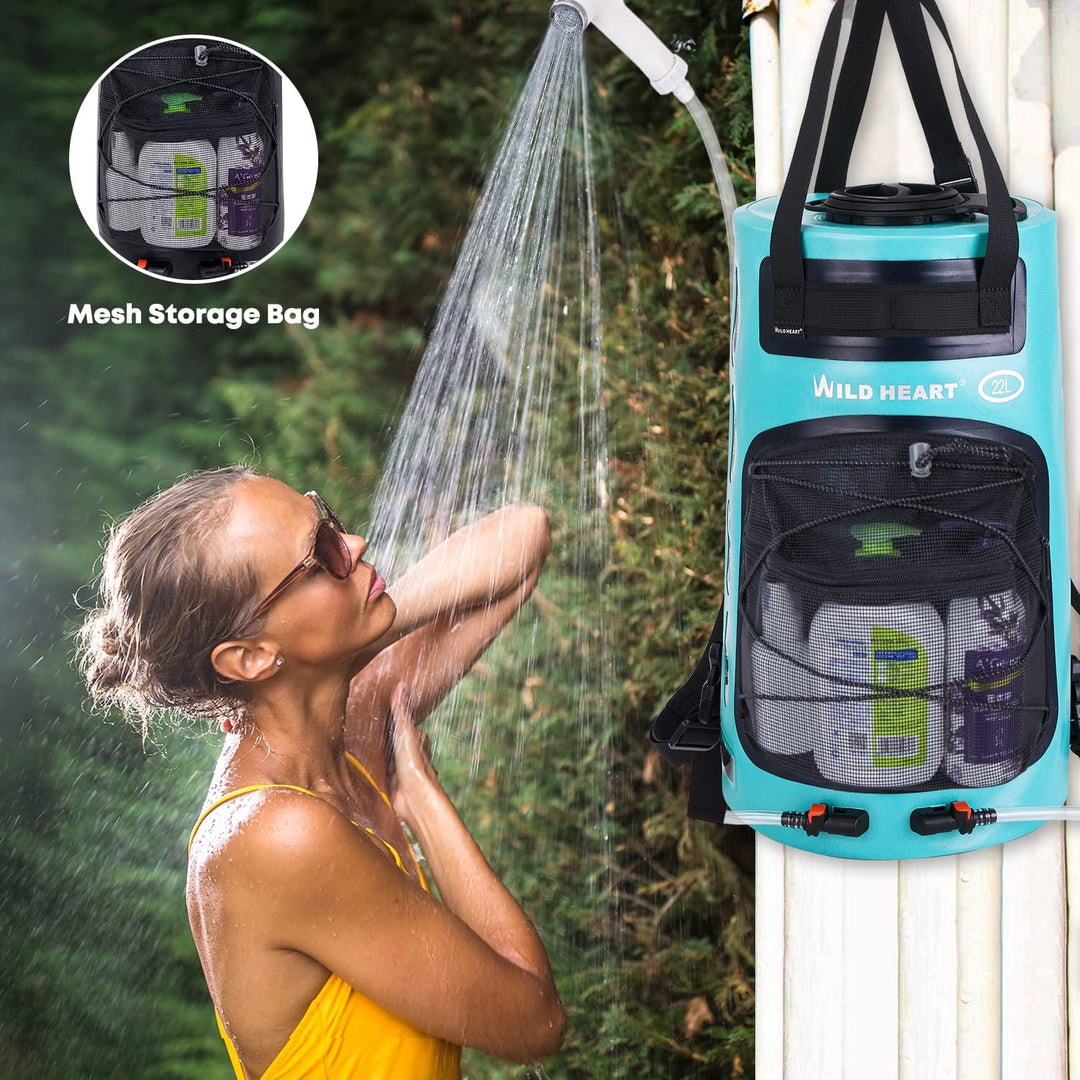 WILD HEART Campingdusche 22L Tragbare Dusche für Camping mit Druckfusspumpe und Duschbeutel-Rucksack