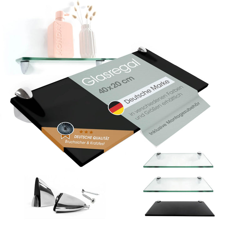 Rapid Teck Glas Wandregal Schwarz Glanz 40cm x 20cm - Glasregal mit 8mm ESG Sicherheitsglas - Glasre