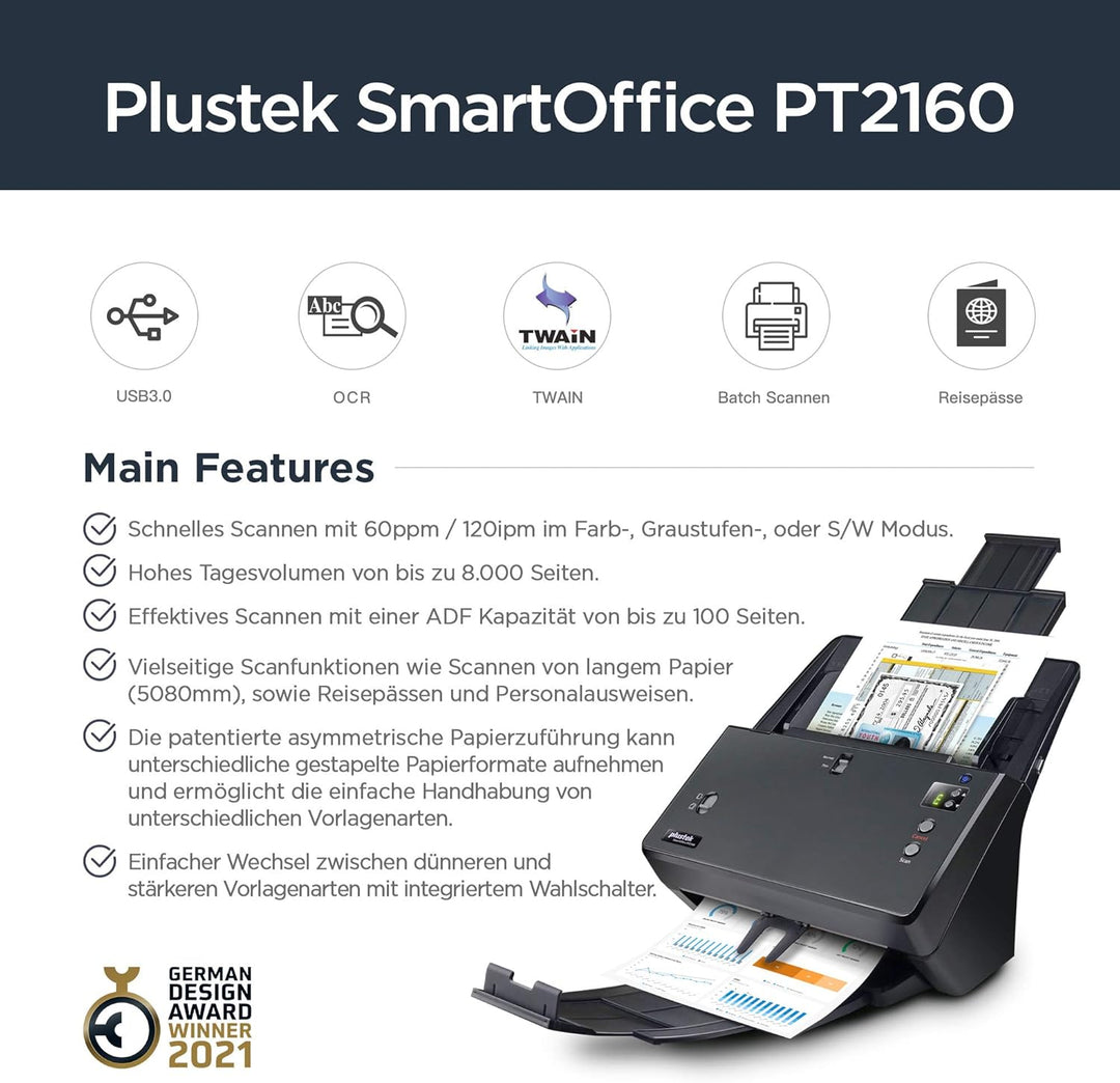 Plustek SmartOffice PT2160 Duplex-Dokumentenscanner 216 x 5080mm 600 x 600 DPI 60 Seiten/min USB 3.2