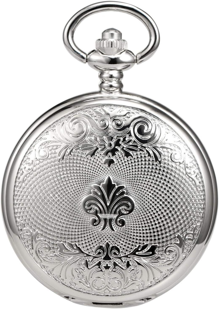 TREEWETO Unisex Taschenuhr mit Kette Analog Handaufzug Doppelscharnier Adler Skelett Römische Ziffer