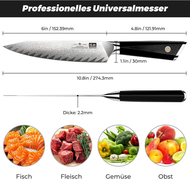 SHAN ZU Kochmesser Allzweckmesser Profi 15cm 67 Schichten Damaststahl Küchenmesser mit G10 Griff - G
