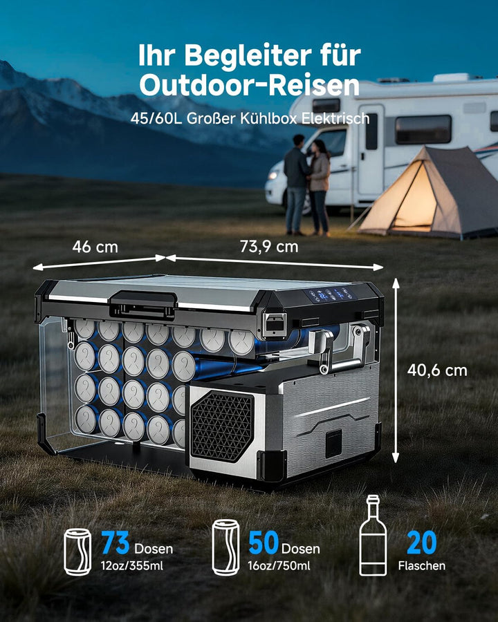 AAOBOSI 45L Kompressor Kühlbox Dual Zone bis -20℃，Edelstahlgehäuse &amp; Aluminium-Innenausstattung，12/2