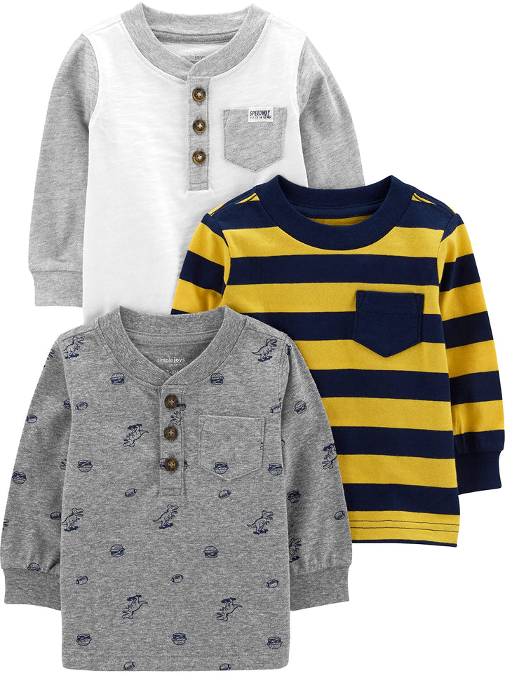 Simple Joys by Carter's Baby-Jungen T-Shirt (3er Pack) 12 Monate Gelb Streifen/Grau Dinosaurier/Weis