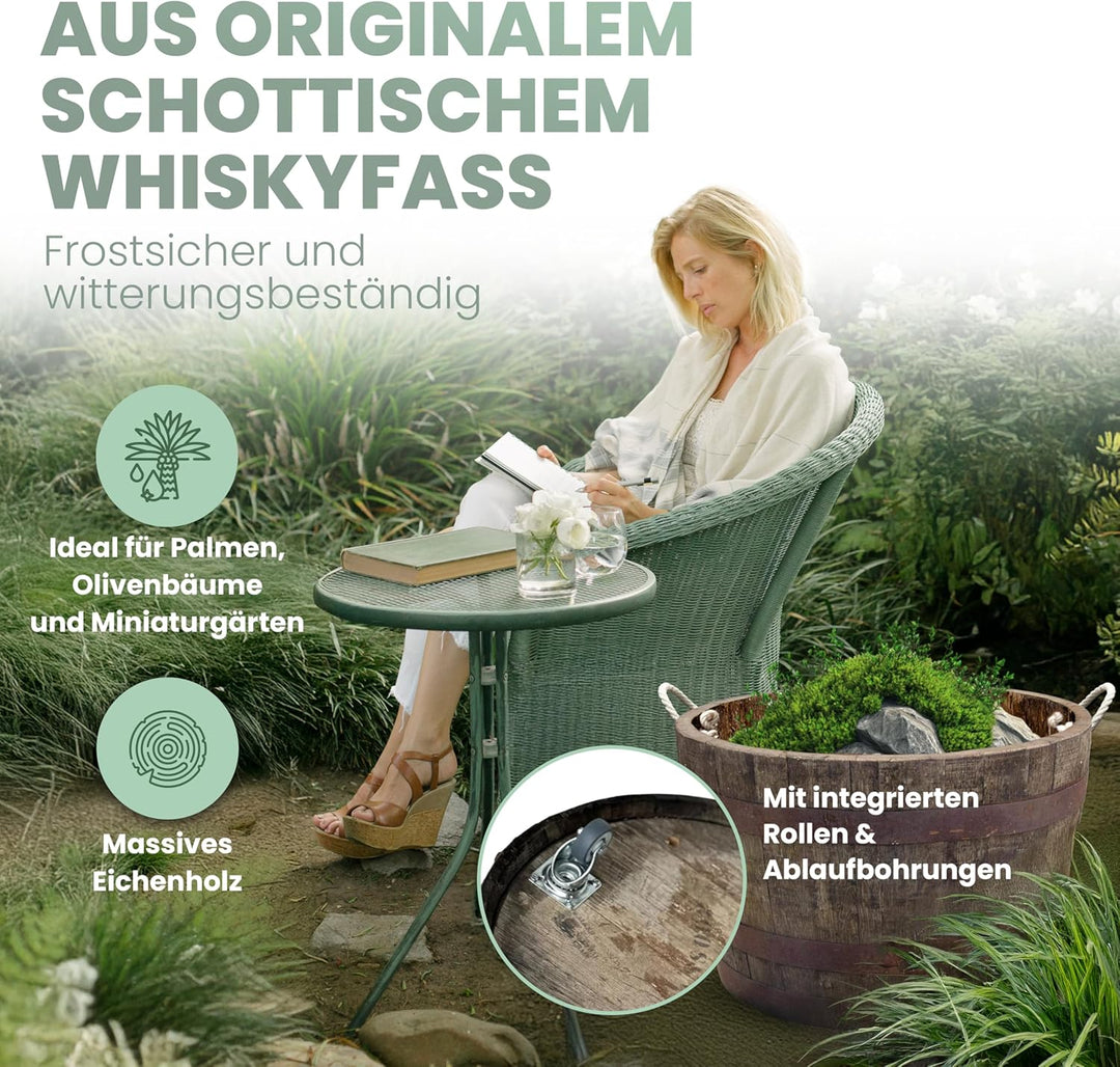 Temesso Halbes Fass aus einem originalen schottischen Whiskyfass (Natur - mit Schlaufen + Rollen + A