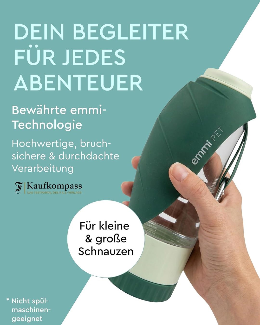 emmi-PET 2-in-1 Hundetrinkflasche mit Futterbehälter in Dunkelgrün I 600 ml Wasser & 150 ml Snacks I