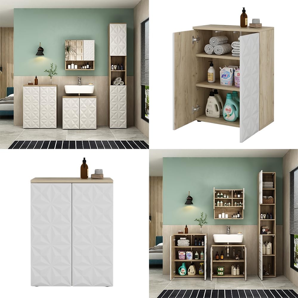 Vicco Midischrank Edge, Weiss/Eiche, 60 x 79.5 cm mit 2 Türen und 3 Fächer Weiss Kommode, Weiss Komm