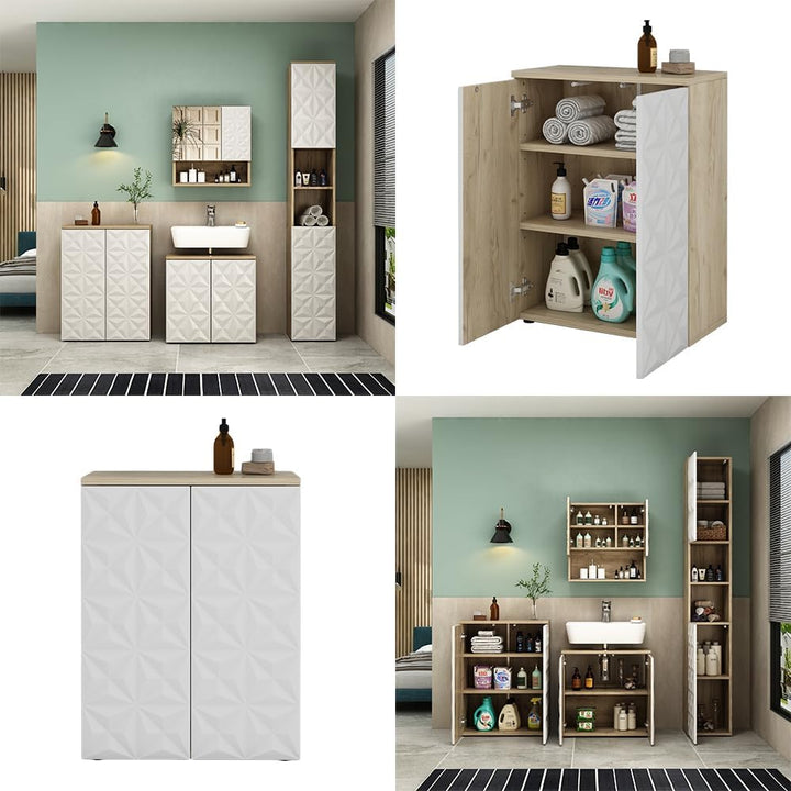 Vicco Midischrank Edge, Weiss/Eiche, 60 x 79.5 cm mit 2 Türen und 3 Fächer Weiss Kommode, Weiss Komm