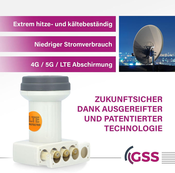 [ Test SEHR GUT, Note 1.2 *] GSS Helios Quad LNB mit LTE Abschirmung &amp; Sun Protect UV Schutz, 4Fach