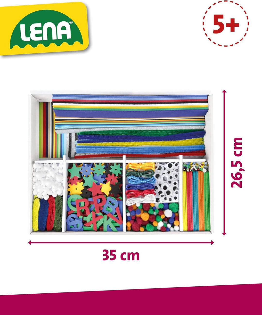 Lena 42665 Bastelkoffer mit 800 Teile Farben, Material zum Basteln, mit Moosgummi, Buntpapier, Pompo