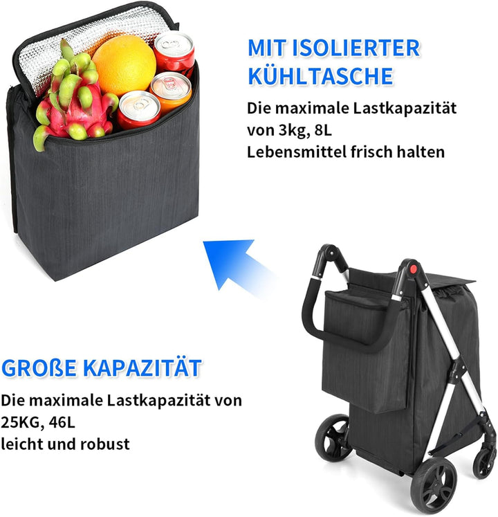 Einkaufstrolley, 46L Trolly Einkaufswagen Klappbar, 4 Rädern Aluminium Leichtgewicht Einkaufstrolley