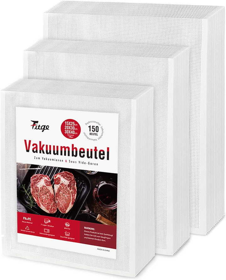 Fitge Vakuumierbeutel 170µm 15x25cm+20x30cm +30x40cm 150 Beutel für alle Vakuumiergeräte Vakuumbeute
