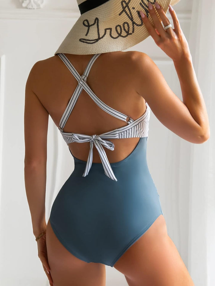 Eomenie Damen Push-up Badeanzug XS Blau Gestreift, XS Blau Gestreift