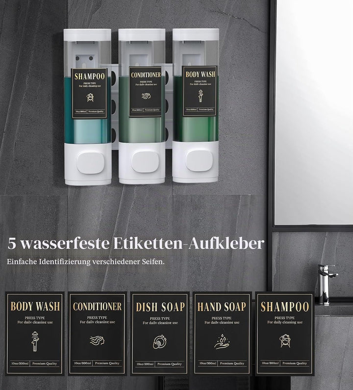 Luxspire Shampoo- und Conditioner-Spender, bohrerloser Wand-Duschseifenspender mit 3 Kammern und was