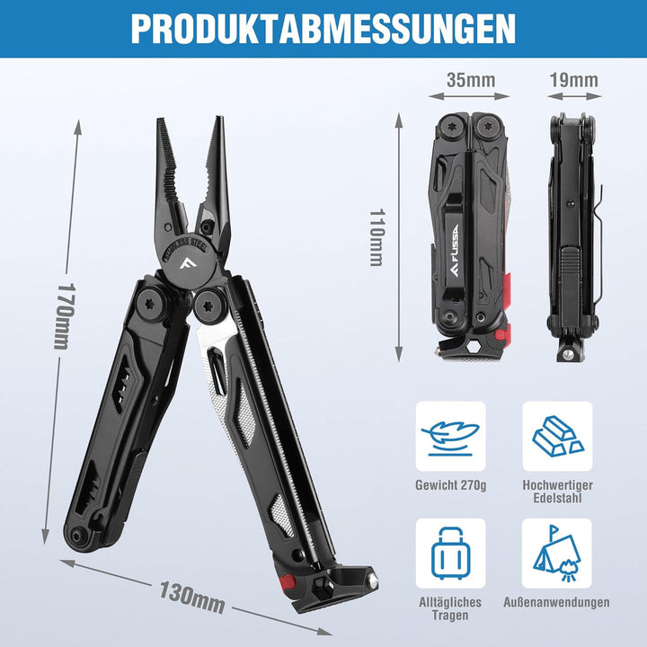FLISSA Multifunktionszange 19-in-1, Multitool mit Glasbrecher und Feuerstarter, Faltbares Multifunkt