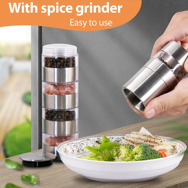 5 in 1 Gewürzstreuer, Edelstahl Gewürzmühle Set, Gewürzdosen Mini Gewürzmühle, Chef Mini Salz- und P