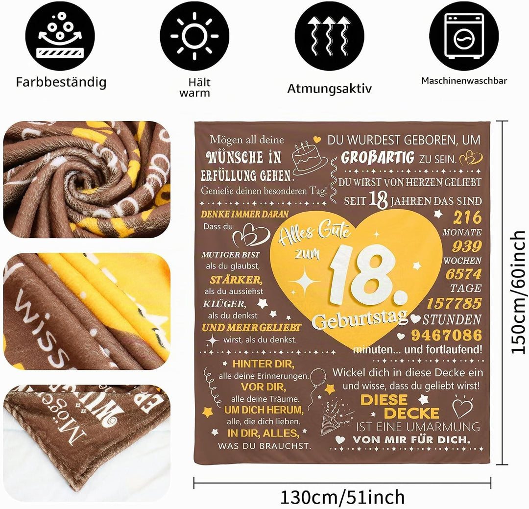 Geschenk zum 18. Geburtstags Mädchen Decke Erwachsenwerden Personalisierte Geschenkidee für 18 Jahre