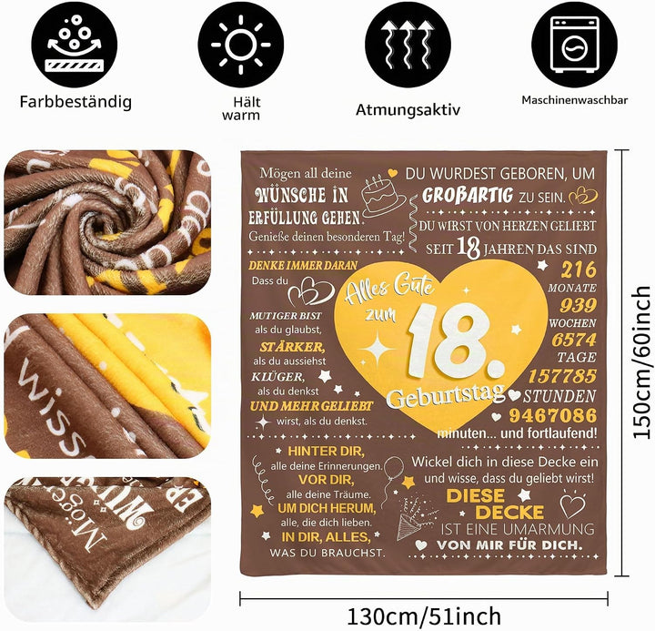 Geschenk zum 18. Geburtstags Mädchen Decke Erwachsenwerden Personalisierte Geschenkidee für 18 Jahre