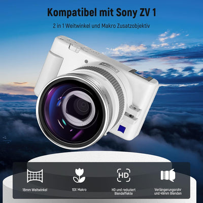 NEEWER Weitwinkelobjektiv kompatibel mit Sony ZV1 Kamera, 2 in 1 18mm HD Weitwinkel und 10 Fach Makr