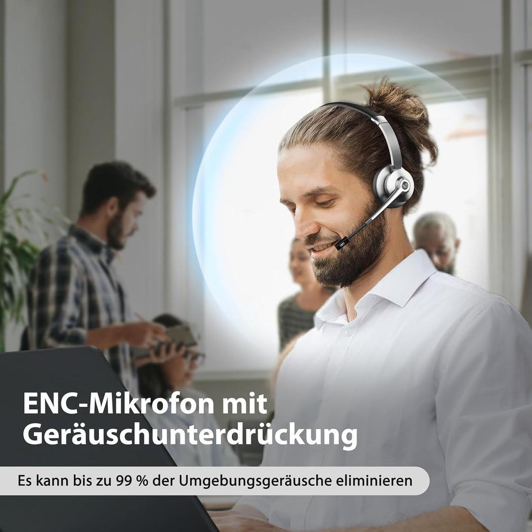 Bluetooth Headset mit Mikrofon，Kabelloses Headset mit USB Dongle & Ladestation, Wireless Office Head