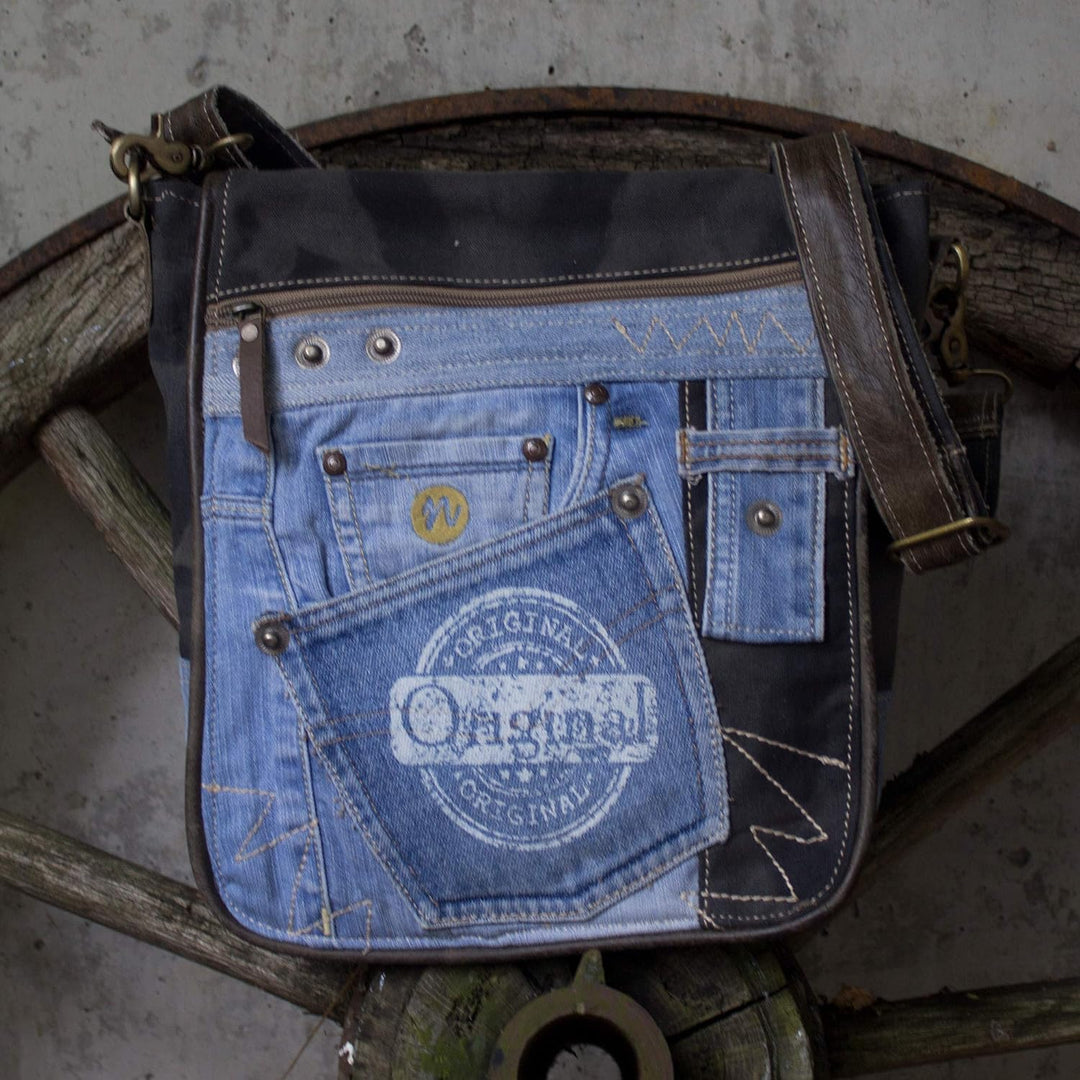 Sunsa nachhaltige Messenger Tasche. Umhängetasche aus recycelte Jeans & Canvas. Unisex Crossover Bag