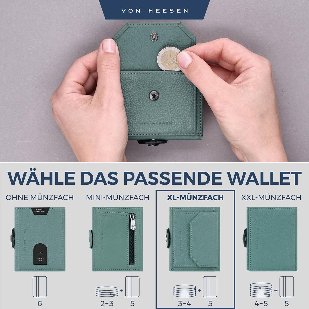 VON HEESEN Slim Wallet mit XL Münzfach &amp; RFID Schutz - Leder Geldbörse Herren klein - Mini Geldbeute