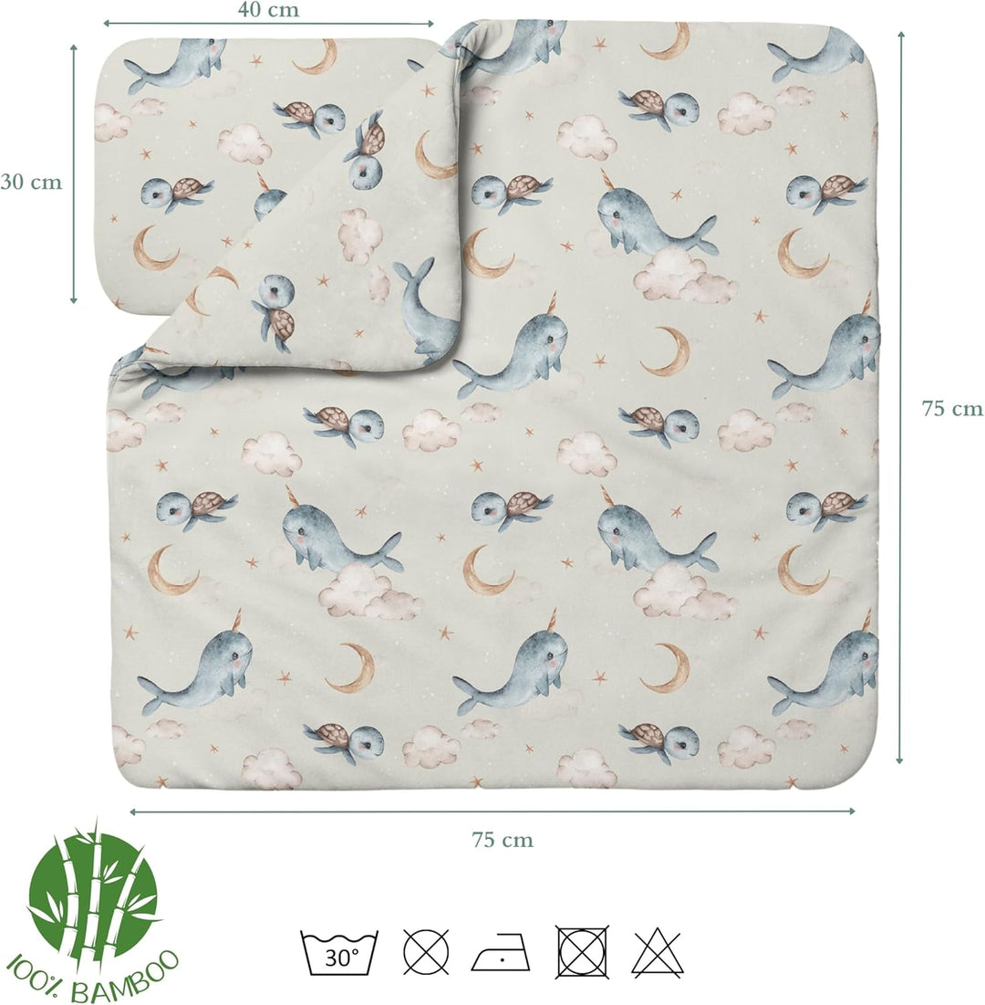Waldin Baby Kinder Bettwäscheset 100% Bambus, ohne Bezug, Hypoallergen, Decke und Kissen, Wale/Olive