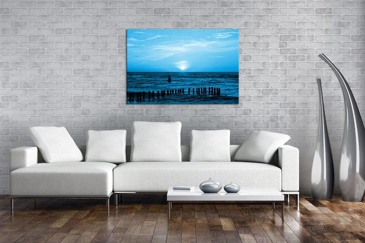Sonnenuntergang an der Ostsee Format 80x60 Effekt: Monocrome Blau als Leinwandbild, Motiv fertig ger
