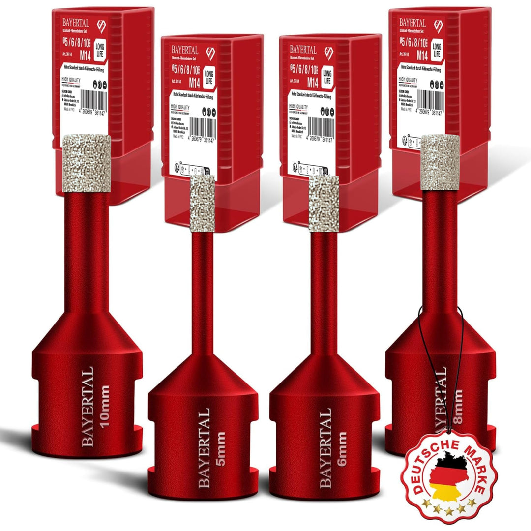 Fliesenbohrer Set 4tlg. 5, 6, 8 10 mm, M14 Premium – Diamantbohrer Set für harte Fliesen und Feinste