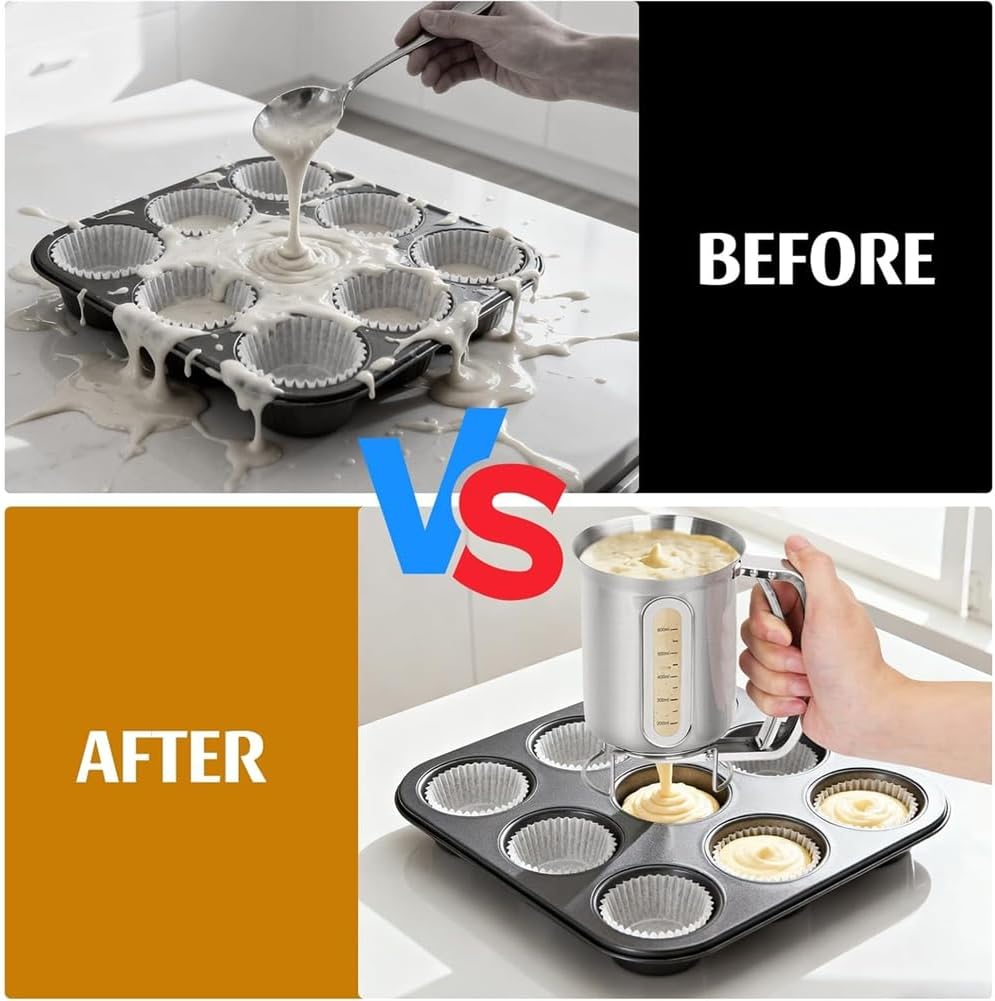 Edelstahl 30OZ Pfannkuchenteigspender mit Sichtfenster zum Backen Von Cupcakes, Muffins und Kuchen T