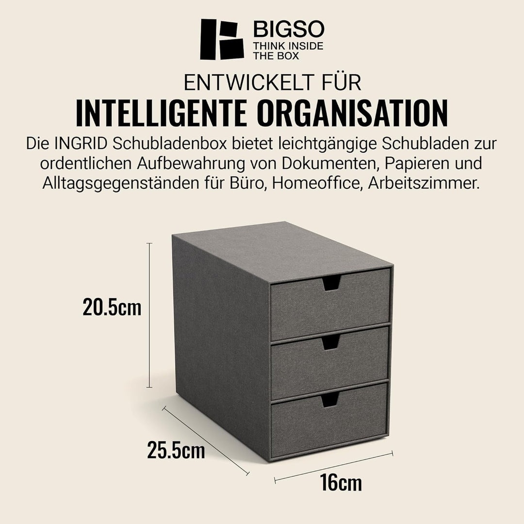 BIGSO BOX OF SWEDEN INGRID Schubladenbox für Dokumente und Bürobedarf – Schreibtisch Organizer mit 3