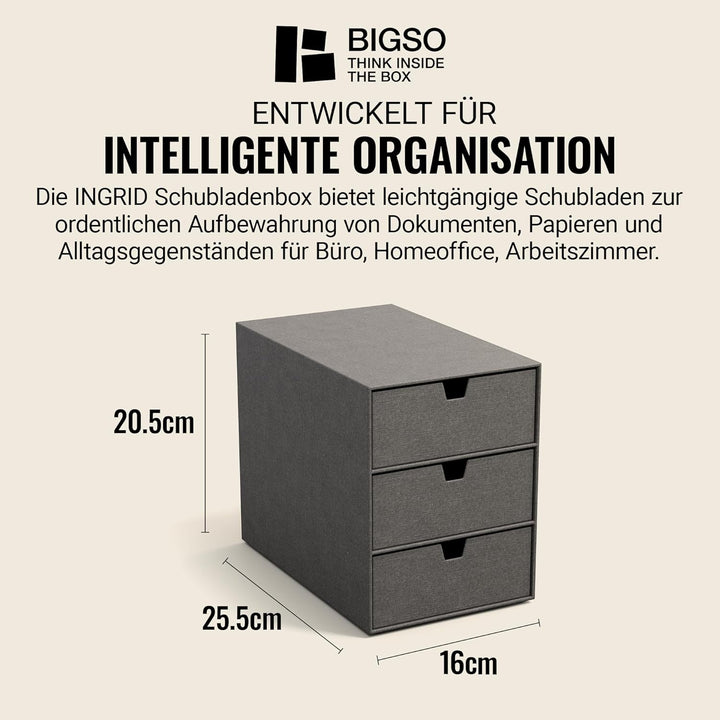 BIGSO BOX OF SWEDEN INGRID Schubladenbox für Dokumente und Bürobedarf – Schreibtisch Organizer mit 3