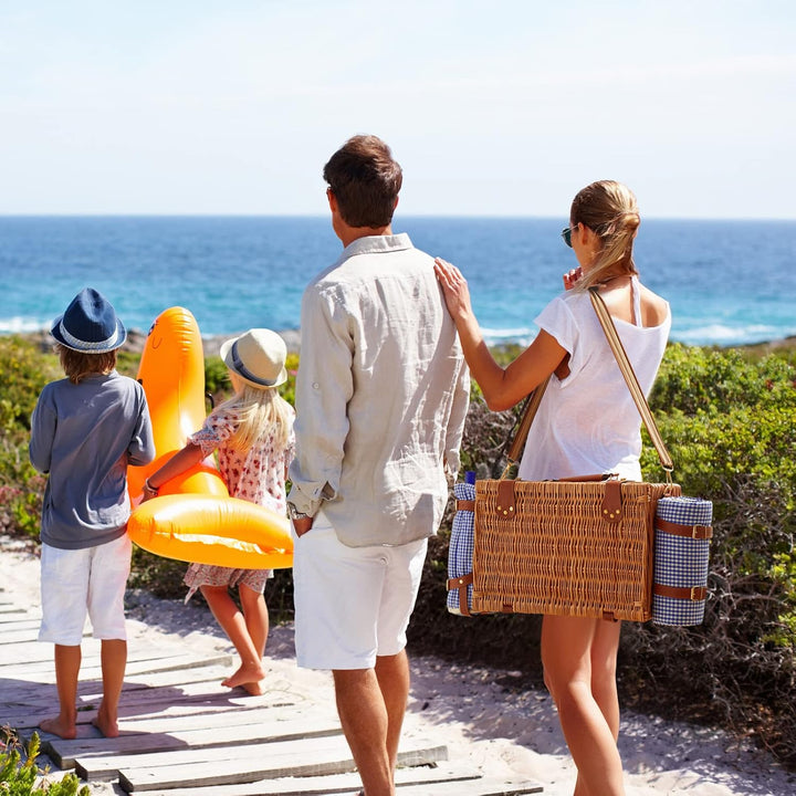 Wicker Picknickkorb Set für 2-4 Person mit Kühlfach und wasserdichte Picknickdecke, Abnehmbarer Riem