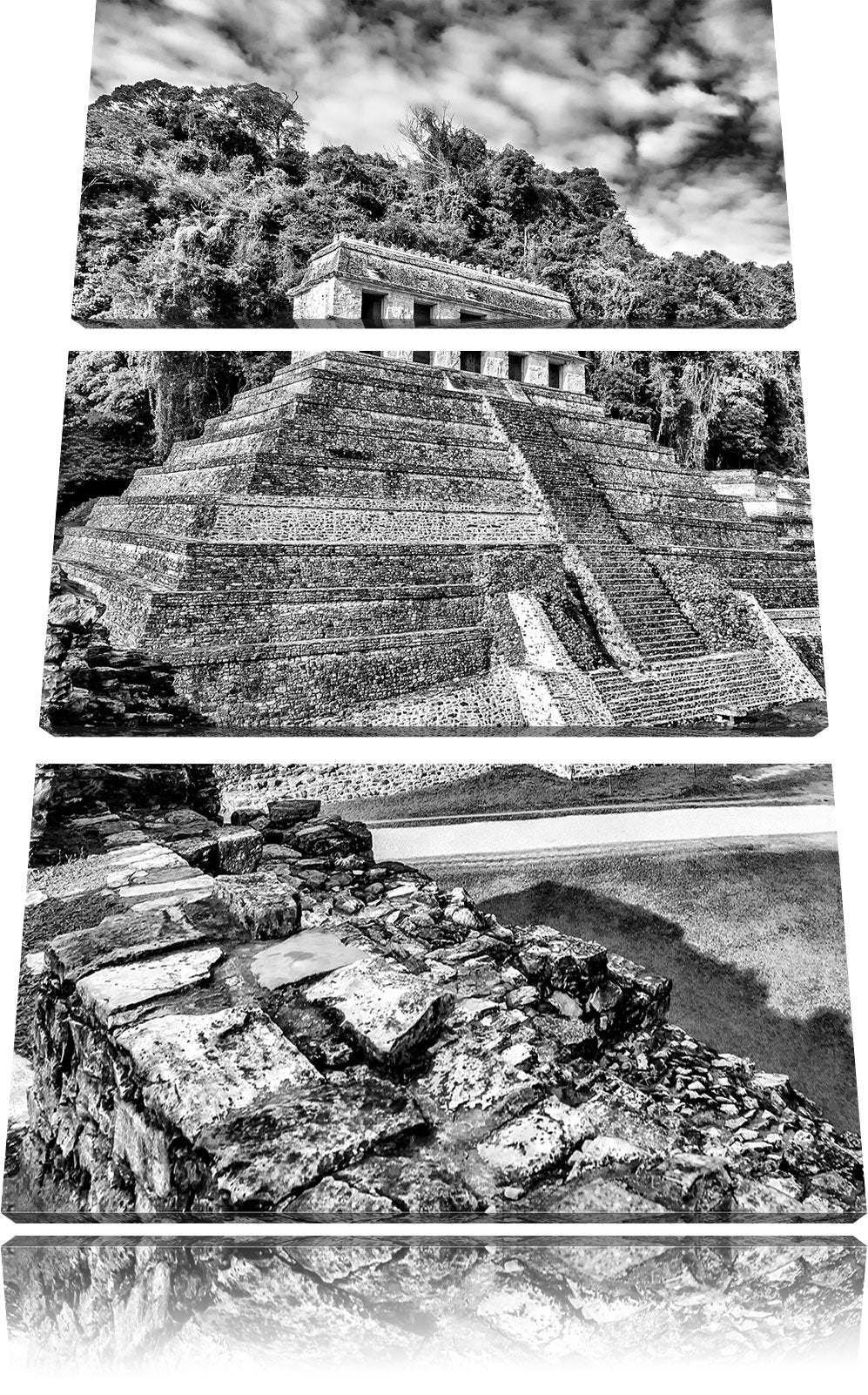 Pixxprint Maya Pyramiden aus Palenque / 3-Teilig/Gesamtmass 120cm Leinwandbild bespannt auf Holzrahm