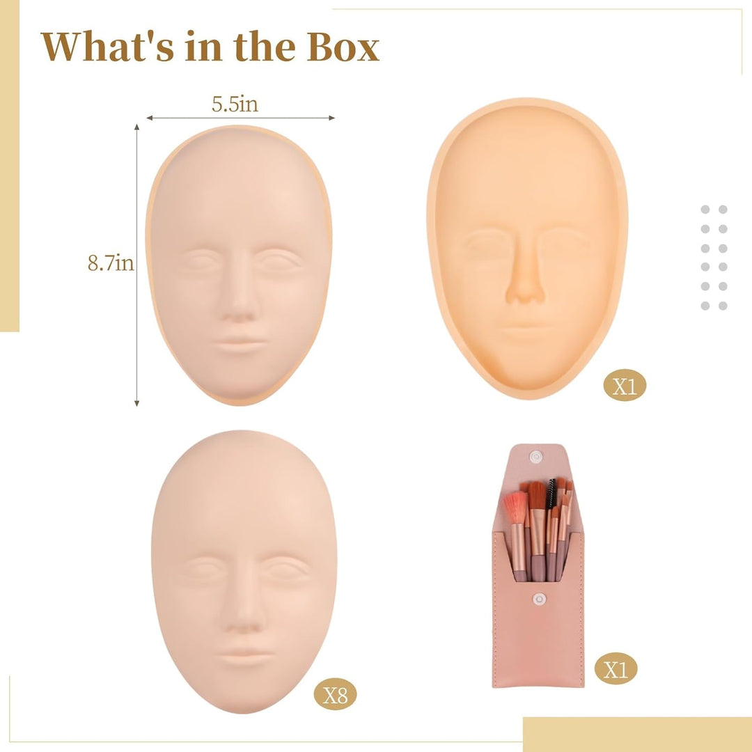 Make-up-Übungsset für das Gesicht, bestehend aus 8 Silikon-Mannequin-Gesichtern, 1 Übungsgesichtspla