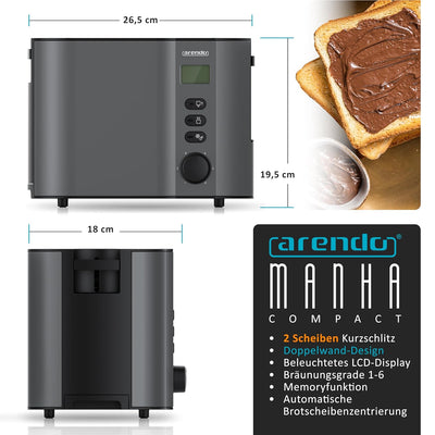 Arendo - Toaster 2 Scheiben Edelstahl mit Restzeitanzeige - 800 Watt - Doppelwandgehäuse - Integrier