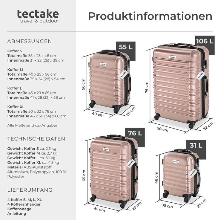 tectake®, 4tlg. Hartschalenkoffer Set, Reisekoffer Set mit Rollen, Hartschale aus ABS, Koffer Set mi