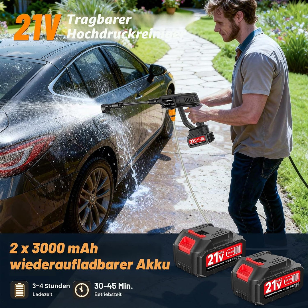Akku Hochdruckreiniger, 120Bar Mobiler Hochdruckreiniger mit 2 Akkus, 1700PSI, 6-in-1-Multifunktions