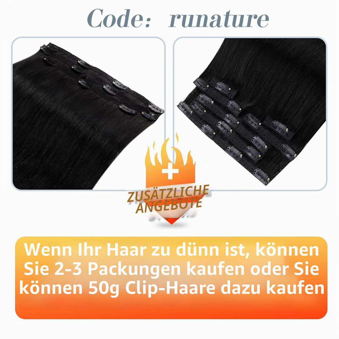 RUNATURE Echthaar Extensions Clip in Aus Schwarz 35cm Haarverlangerung Echthaar Clip in Glatt Haar E