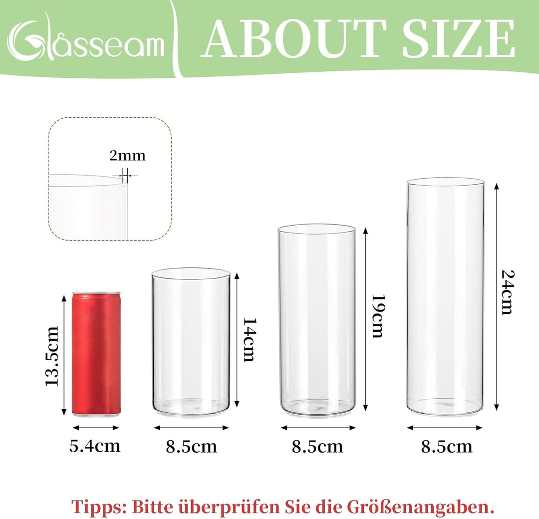 Glasseam Zylinder Vase Glas Klar, Blumenvase Modern Vasen Deko 6 Stück, 15/20/25cm Hoch Tulpenvase Z