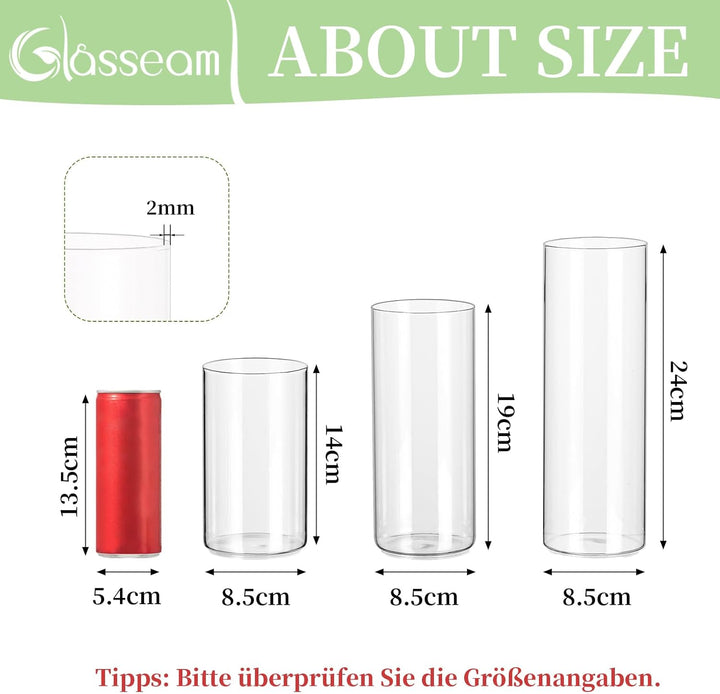 Glasseam Zylinder Vase Glas Klar, Blumenvase Modern Vasen Deko 6 Stück, 15/20/25cm Hoch Tulpenvase Z