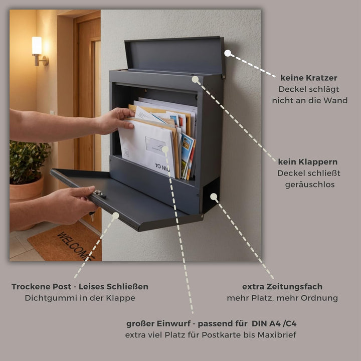 Briefkasten Anthrazit personalisierbar I Moderner Postkasten inkl. Sichtfenster I Langlebiger Briefk