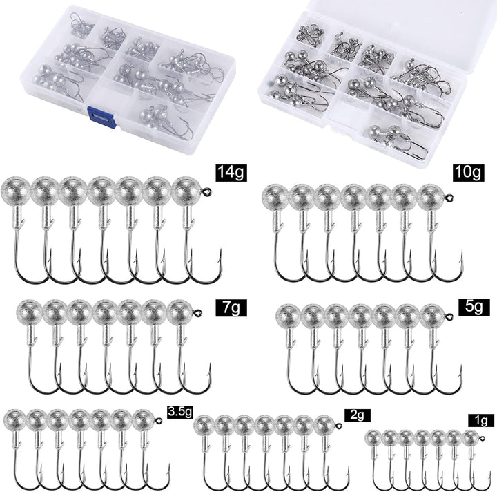 49pcs Angelhakenset Jigköpfe, Scharfen Jighaken Dropshot Haken für Gummifische, Karpfen Bleikopf-Ang