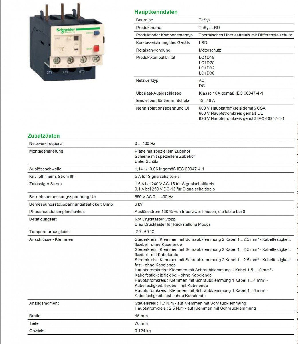Schneider Electric Motorschutzrelais, 12-18A, 1S+1Ö, Klasse 10A, Überlastrelais, 12-18A