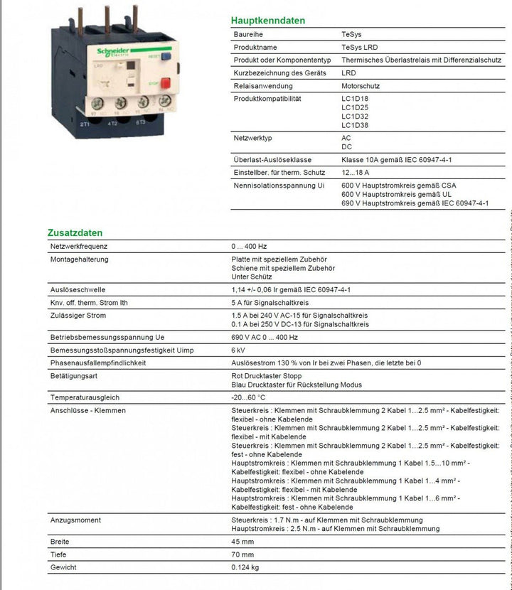 Schneider Electric Motorschutzrelais, 12-18A, 1S+1Ö, Klasse 10A, Überlastrelais, 12-18A