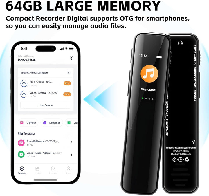 Diktiergerät Mini, 64GB Aufnahmegerät, Digitales Diktiergerät, Diktiergerät Digital mit Wiedergabe,
