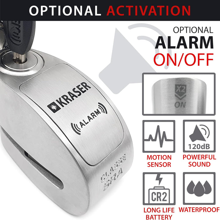 KRASER KR10S Motorrad Alarm Vorhängeschloss, 120dB Double Lock Anti-Diebstahl Bike Disc Clip mit War