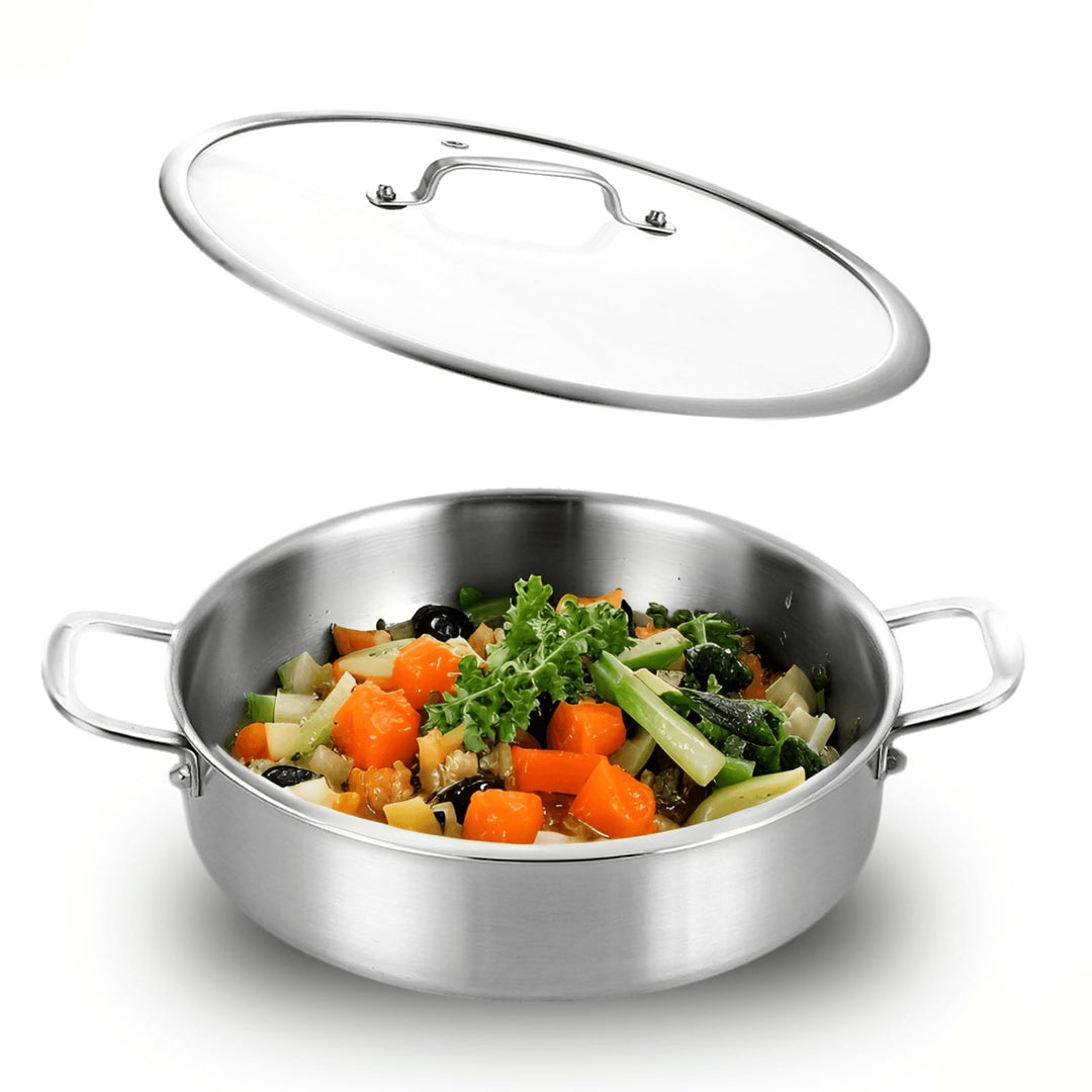 Servierpfanne 24 cm: Dreilagige Edelstahl Pfanne,Tri-ply Stainless Steel Sauteuse,Schmorpfanne mit D