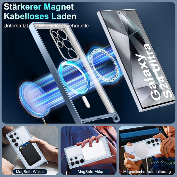 für Samsung Galaxy S24 Ultra Hülle mit Band + 1 Schutzfolie, Blau | Handyband Transparent Silikon Ha